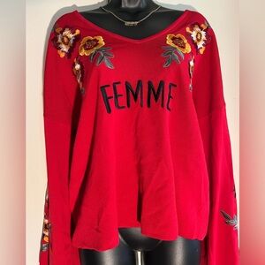 Red V-Neck Sweater with Floral Appliqué – Women’s Size Large